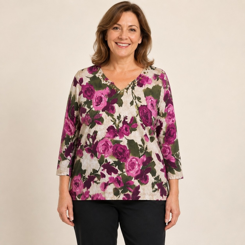 Alfred Dunner Women's XL Floral Embellished V-Neck 3/4 Sleeve Knit Top